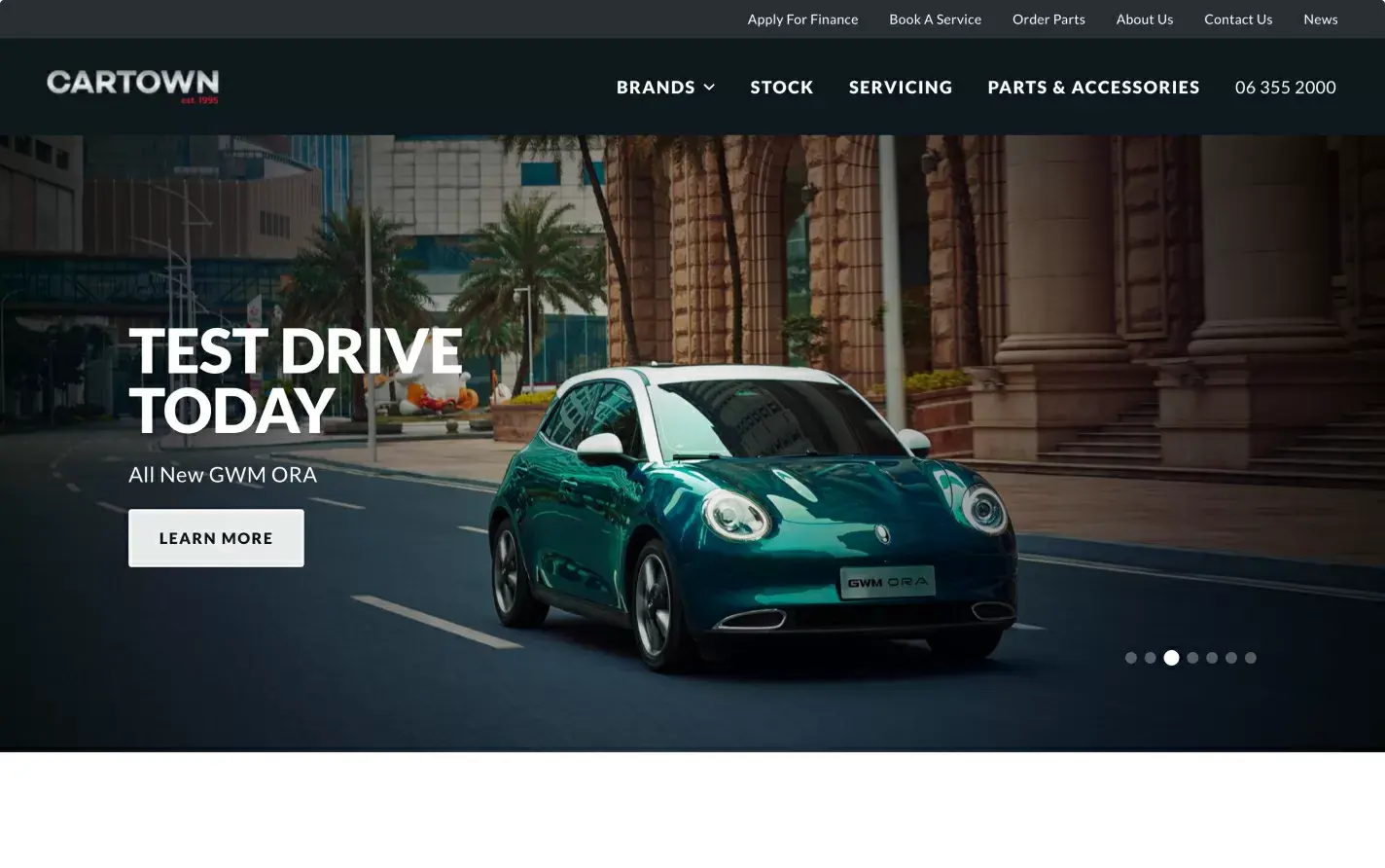 A screen capture of the desktop homepage on Cartown's website