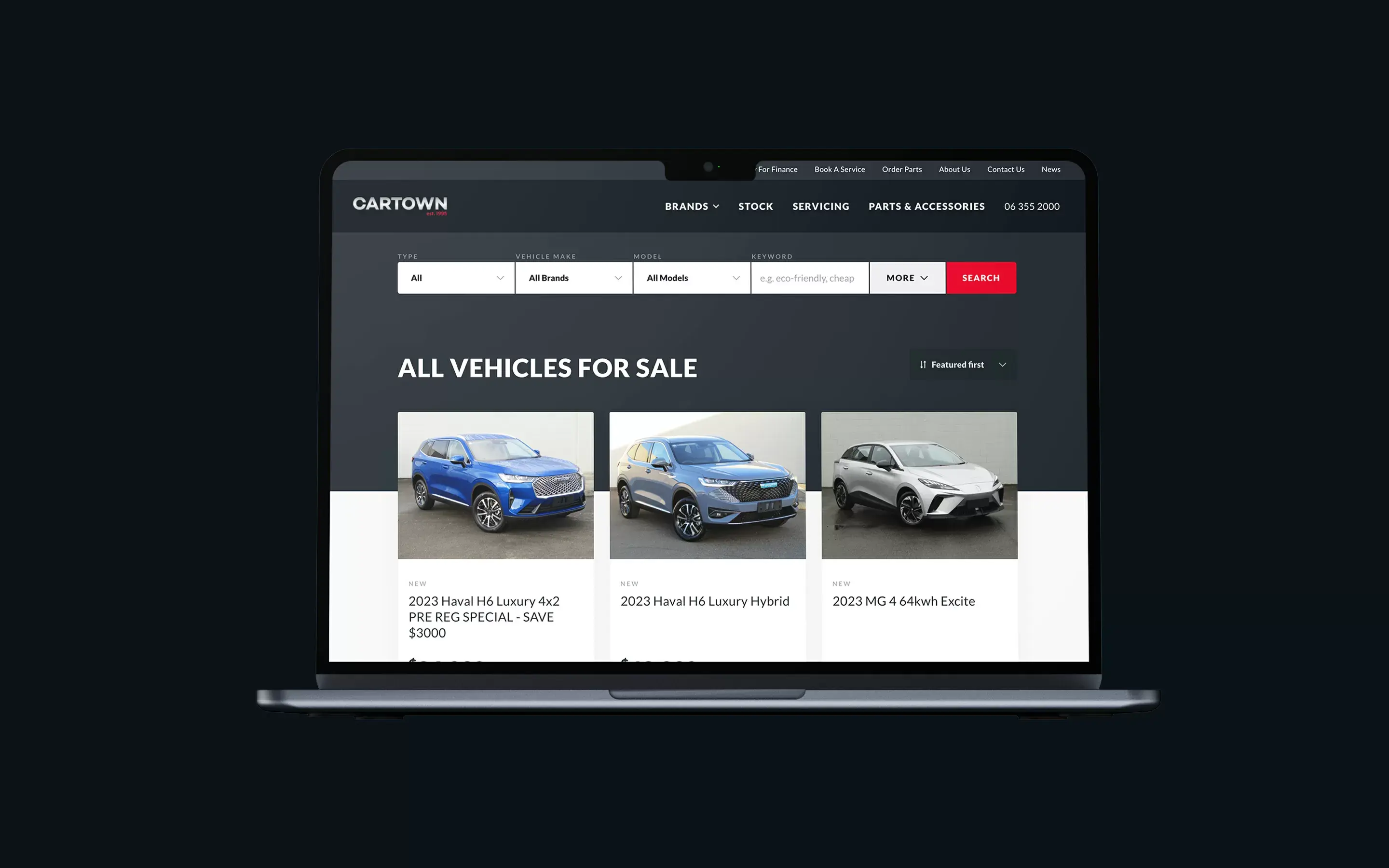 A mock-up of the vehicle search page for Cartown's website