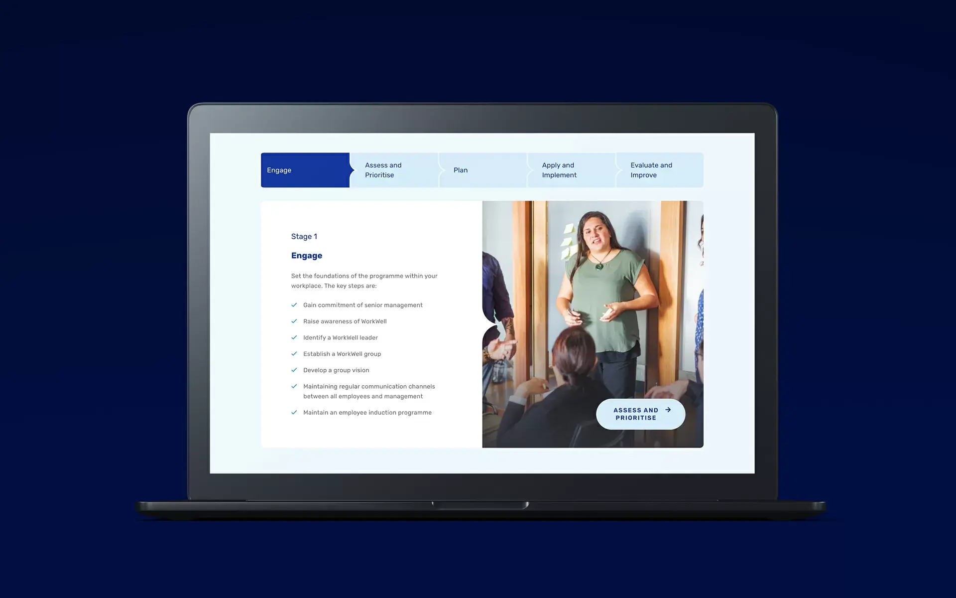 A mock-up showing the Workwell programme stages on a laptop screen