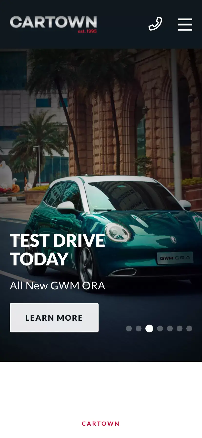 A screen capture of the mobile homepage on Cartown's website