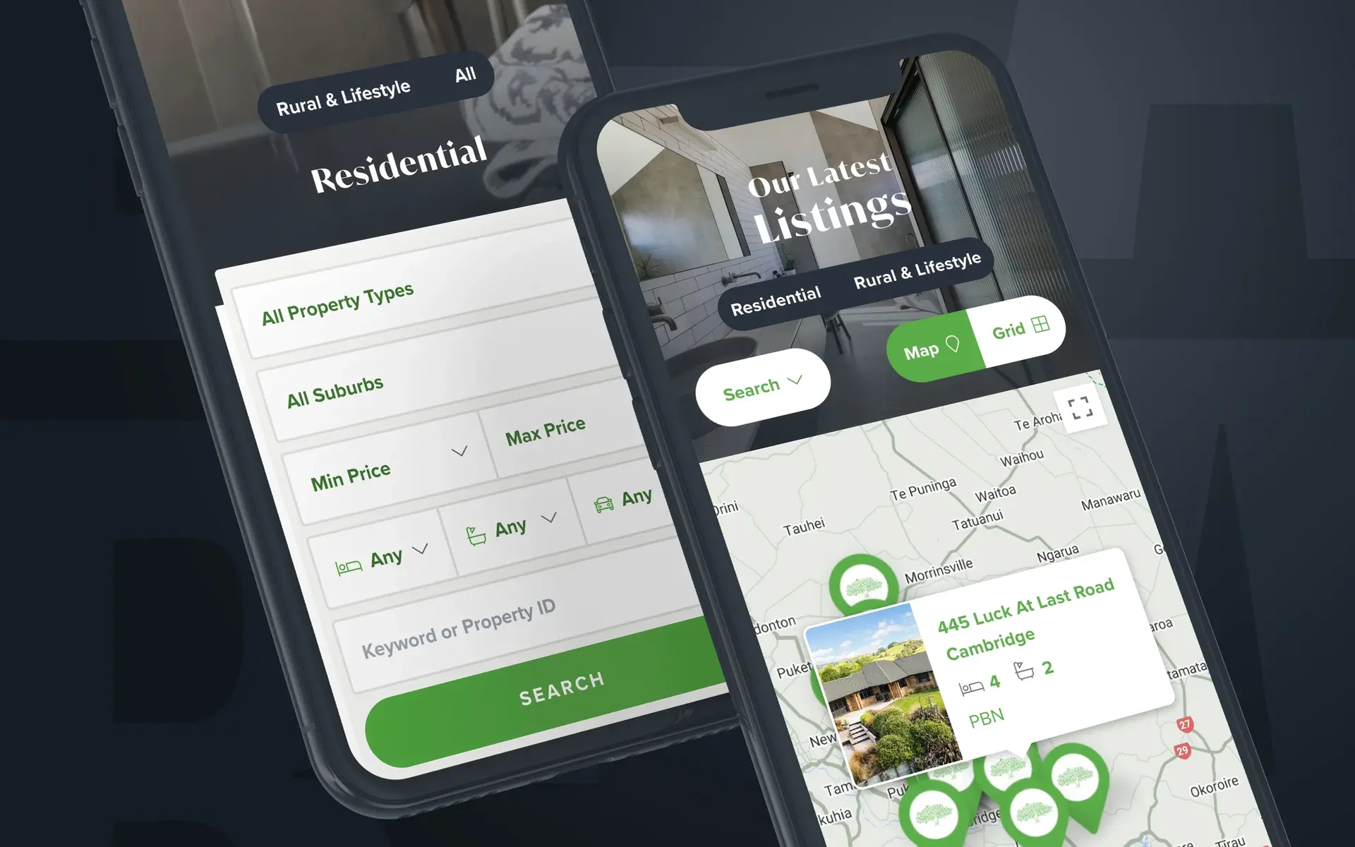 A mobile mock-up for the property search for Cambridge Real Estate