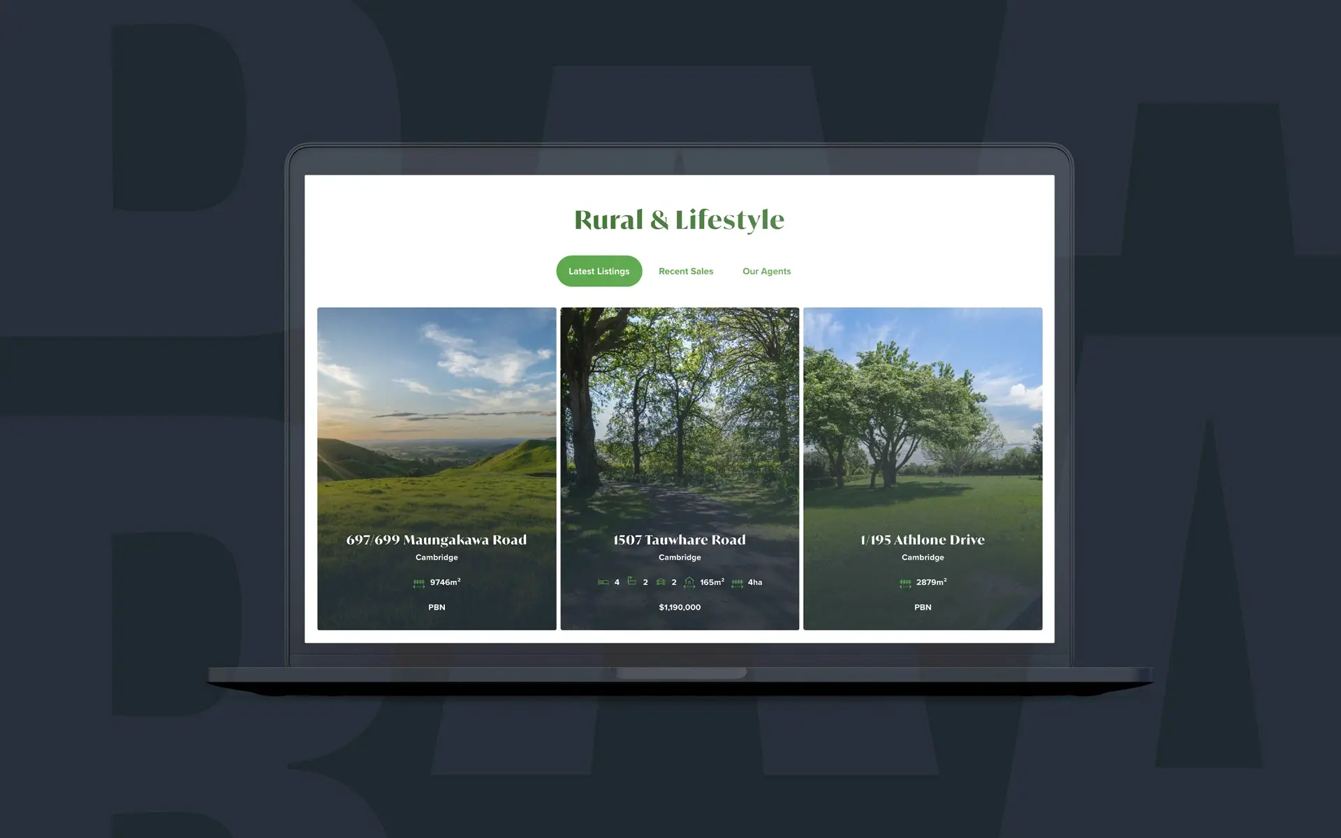 A mock-up of hero properties for Cambridge Real Estate's website