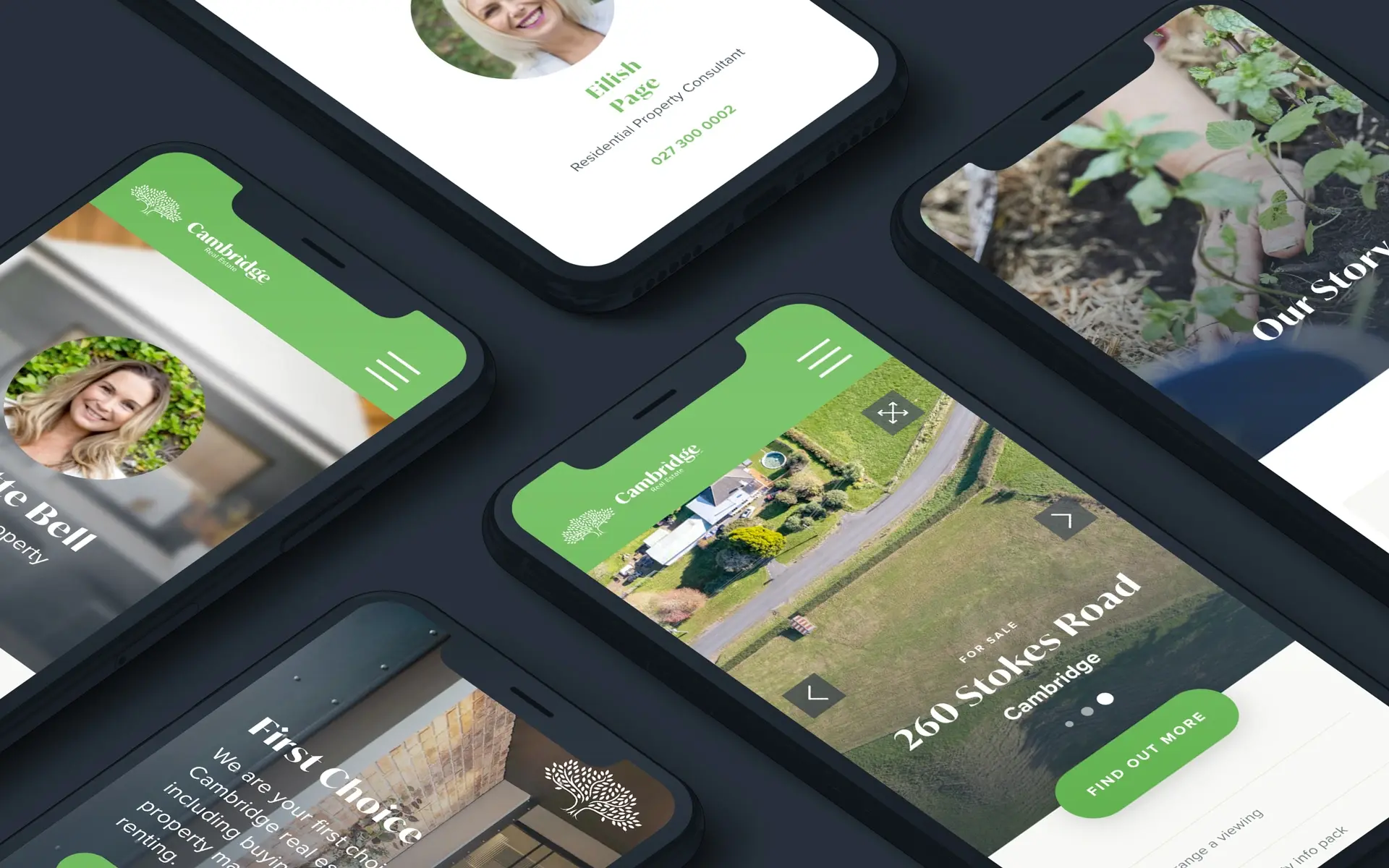 Various mobile mock-ups of web pages on Cambridge Real Estate's website
