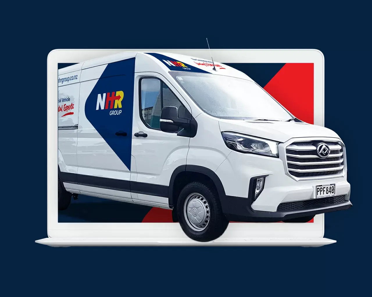 An image of an NHR branded van superimposed on a laptop screen.